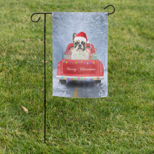 French Bulldog in Snow sitting in Christmas Truck Garden Flag