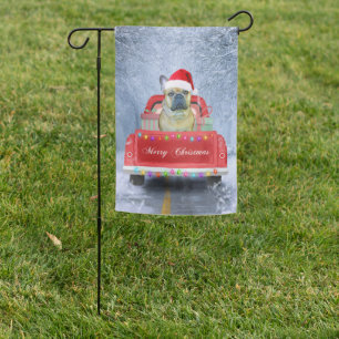 French Bulldog in Snow sitting in Christmas Truck Garden Flag