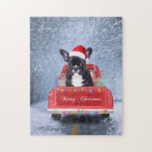 French Bulldog in Snow sitting in Christmas Truck Jigsaw Puzzle