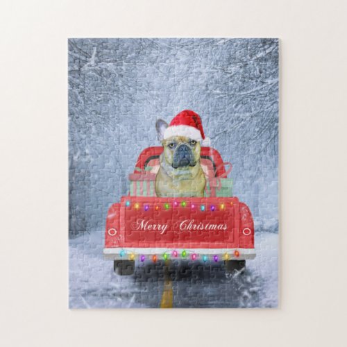 French Bulldog in Snow sitting in Christmas Truck Jigsaw Puzzle