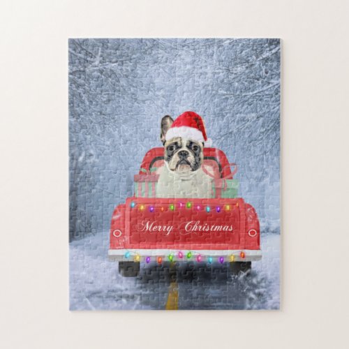 French Bulldog in Snow sitting in Christmas Truck Jigsaw Puzzle