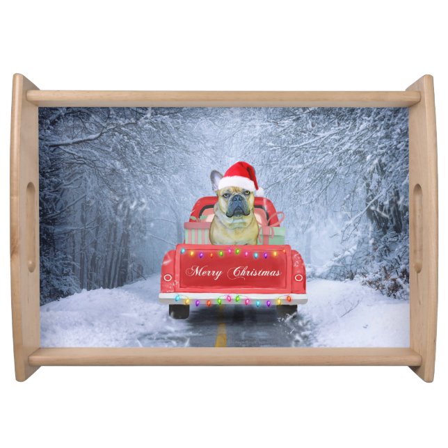 French Bulldog in Snow sitting in Christmas Truck  Serving Tray (Front)