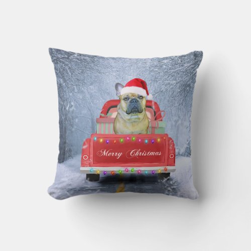 French Bulldog in Snow sitting in Christmas Truck Throw Pillow