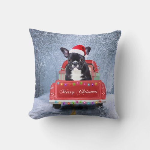 French Bulldog in Snow sitting in Christmas Truck Throw Pillow