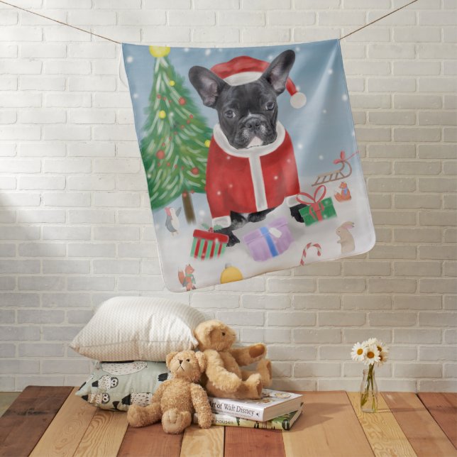 French Bulldog  in Snow with Christmas Gifts Baby Blanket (In Situ)