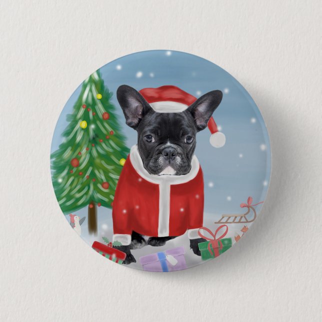 French Bulldog  in Snow with Christmas Gifts  Button (Front)