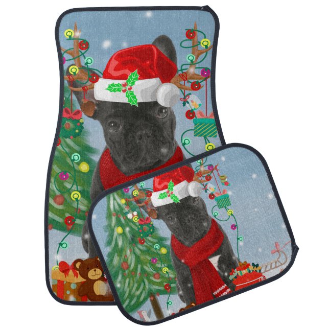 French Bulldog  in Snow with Christmas Gifts Car Floor Mat (Set)