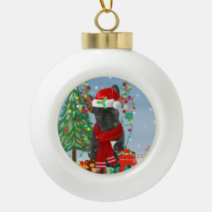 French Bulldog in Snow with Christmas Gifts Ceramic Ball Christmas Ornament