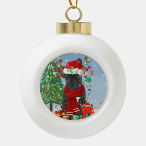 French Bulldog  in Snow with Christmas Gifts  Ceramic Ball Christmas Ornament