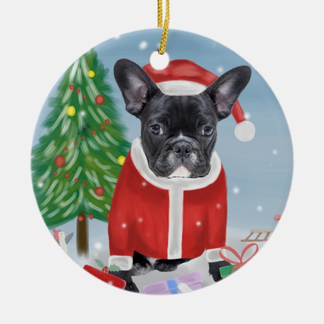 French Bulldog  in Snow with Christmas Gifts  Ceramic Ornament (Front)