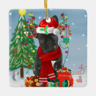 French Bulldog  in Snow with Christmas Gifts  Ceramic Ornament