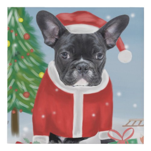French Bulldog  in Snow with Christmas Gifts   Faux Canvas Print