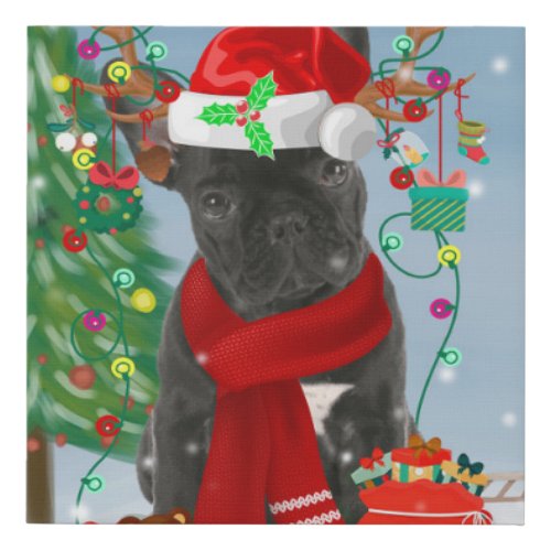 French Bulldog  in Snow with Christmas Gifts  Faux Canvas Print