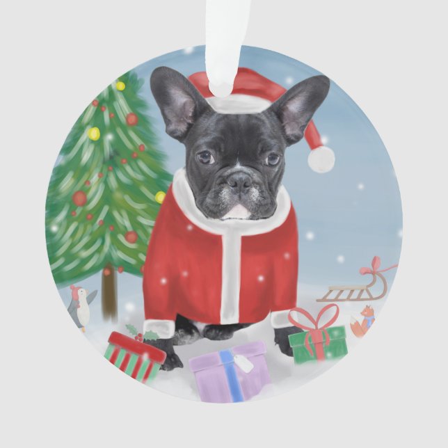 French Bulldog  in Snow with Christmas Gifts Ornament (Front)