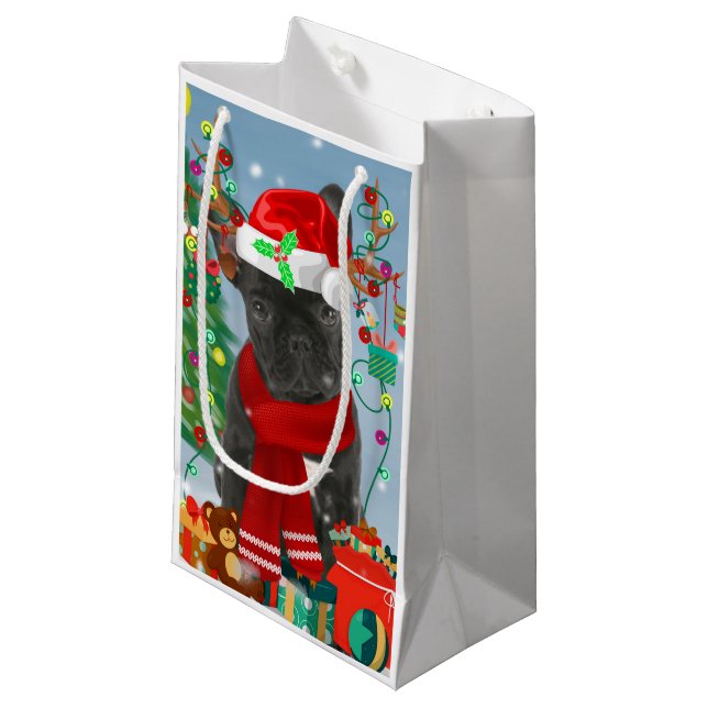 French Bulldog  in Snow with Christmas Gifts  Small Gift Bag (Front Angled)