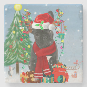 French Bulldog in Snow with Christmas Gifts Stone Coaster