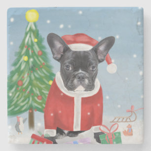 French Bulldog in Snow with Christmas Gifts Stone Coaster