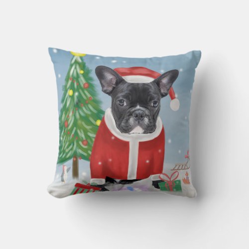 French Bulldog  in Snow with Christmas Gifts Throw Pillow