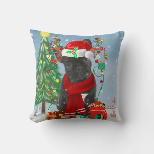 French Bulldog  in Snow with Christmas Gifts Throw Pillow