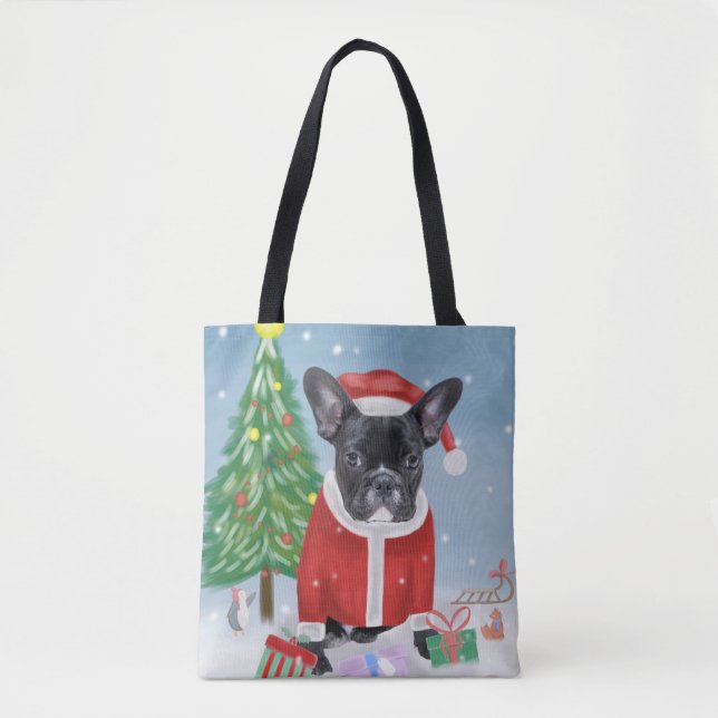 French Bulldog  in Snow with Christmas Gifts  Tote Bag (Front)