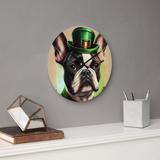 French Bulldog in St. Patrick's Day Dress Large Clock (Office)