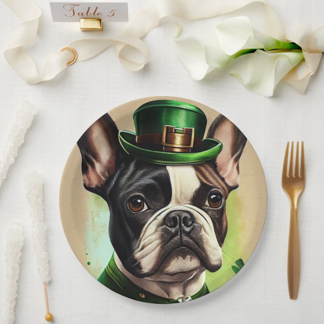 French Bulldog in St. Patrick's Day Dress Paper Plates (Wedding)