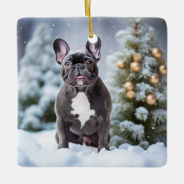 French Bulldog in the Snow Ceramic Ornament (Front)