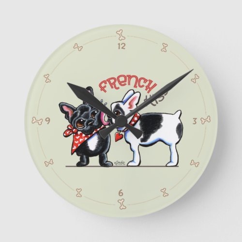 French Bulldog Kiss Bone Accents Round Clock