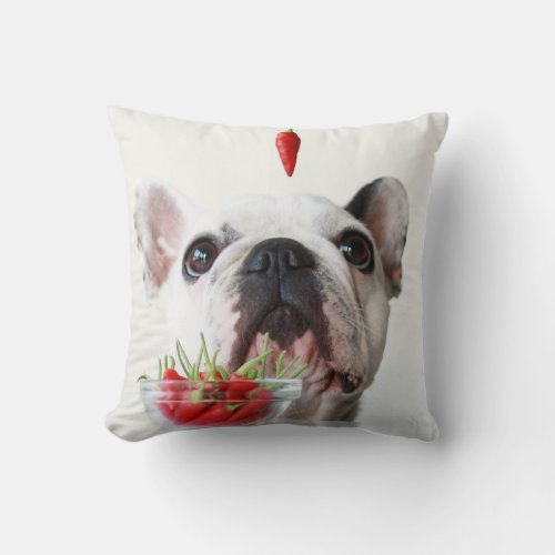 French Bulldog Looking At A Red Pepper Throw Pillow