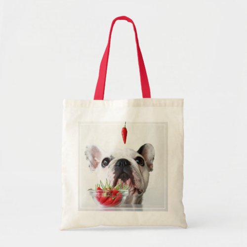 French Bulldog Looking At A Red Pepper Tote Bag