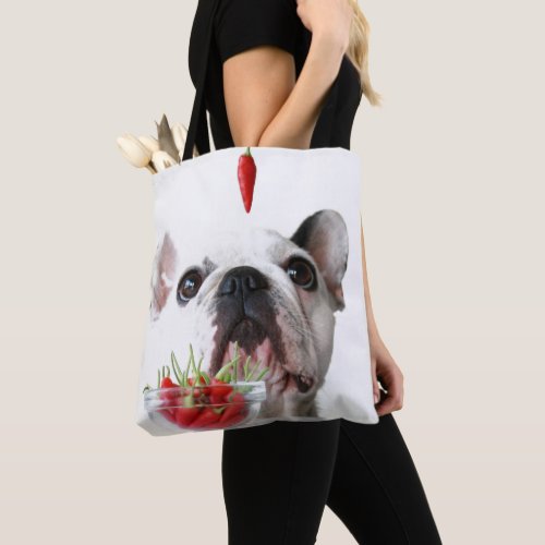 French Bulldog Looking At A Red Pepper Tote Bag