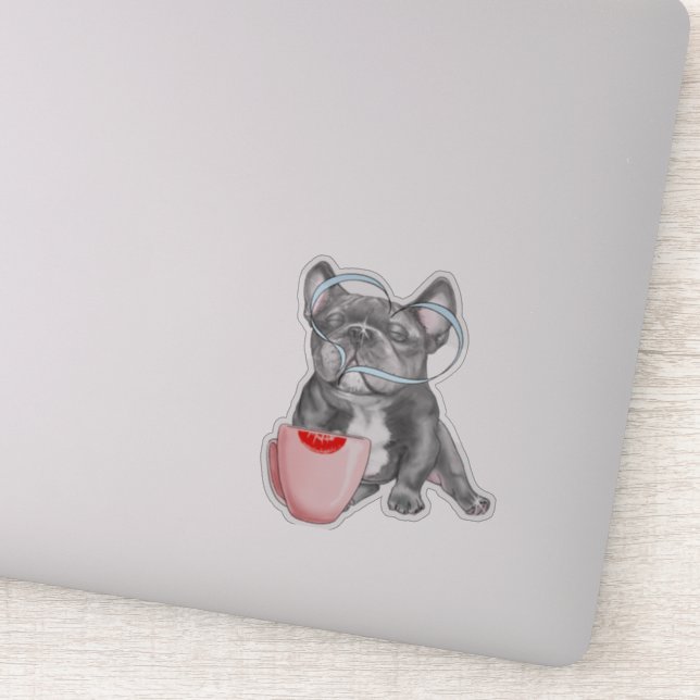 French Bulldog Loving Coffee 4x4 inch Sticker (Detail)