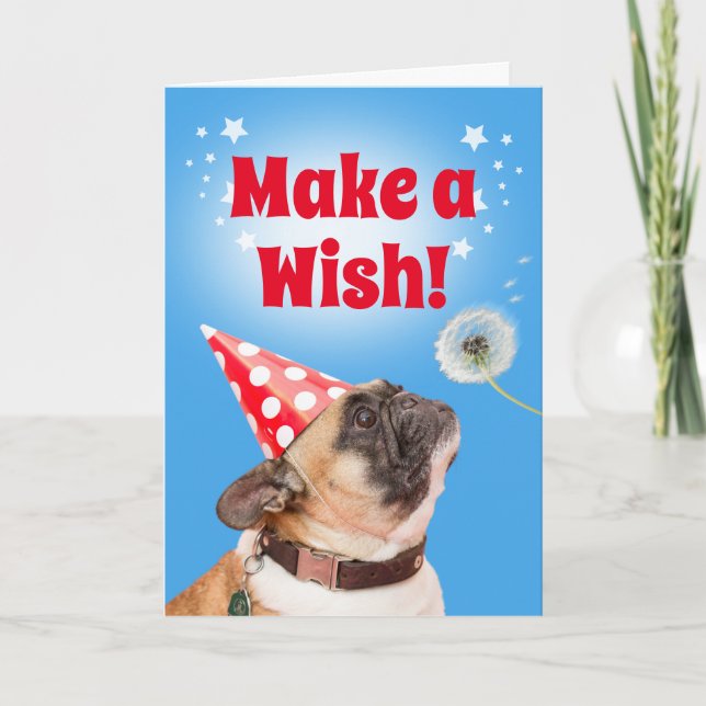 French Bulldog Make A Wish Dandelion & BDay Cake Card (Front)