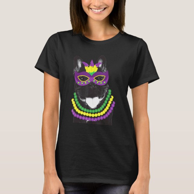 French Bulldog Mardi Gras Dog Beads Frenchie T-Shirt (Front)