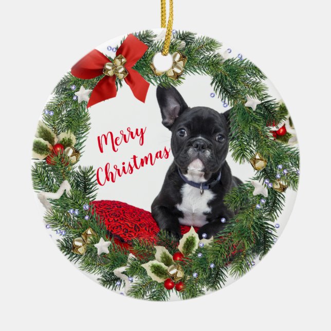 French Bulldog Merry Christmas Ceramic Ornament (Front)