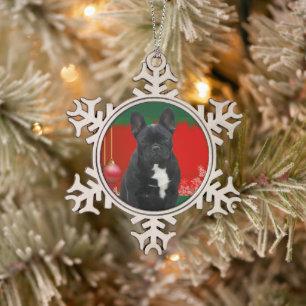 French Bulldog Merry Christmas Snowflake Pewter Christmas Ornament
