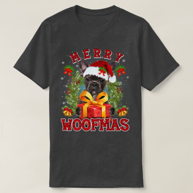 French Bulldog Merry Xmas Woofmas Xmas Lights Sant T-Shirt (Design Front)