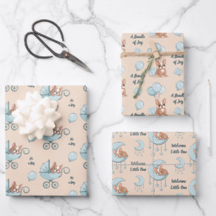 French Bulldog Moon Balloon Pram Boy Baby Shower Wrapping Paper Sheets