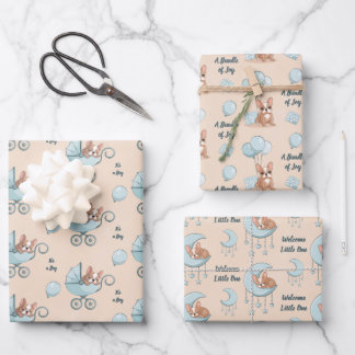 French Bulldog Moon Balloon Pram Boy Baby Shower Wrapping Paper Sheets