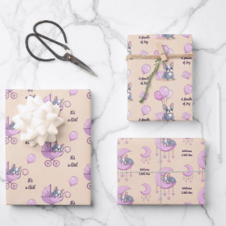 French Bulldog Moon Balloon Pram Girl Baby Shower Wrapping Paper Sheets