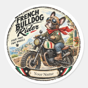 French Bulldog Motorcycle Rider Vintage Name Badge Classic Round Sticker
