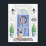 French Bulldog Moving Announcement Postcard<br><div class="desc">Announce your new address with our stylish announcement featuring a French Bulldog,  blue front door,  welcome mat,  slate sign,  topiaries and a floral wreath set on a gray brick background.</div>