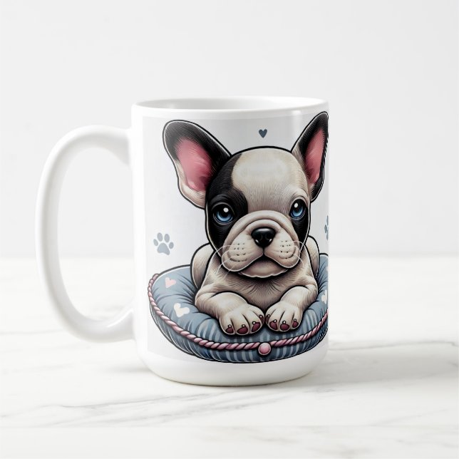 French Bulldog on a Heart-Themed Cushion Coffee Mug (Left)