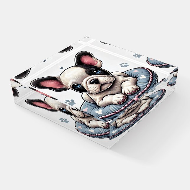 French Bulldog on a Heart-Themed Cushion Paperweight (Angled)