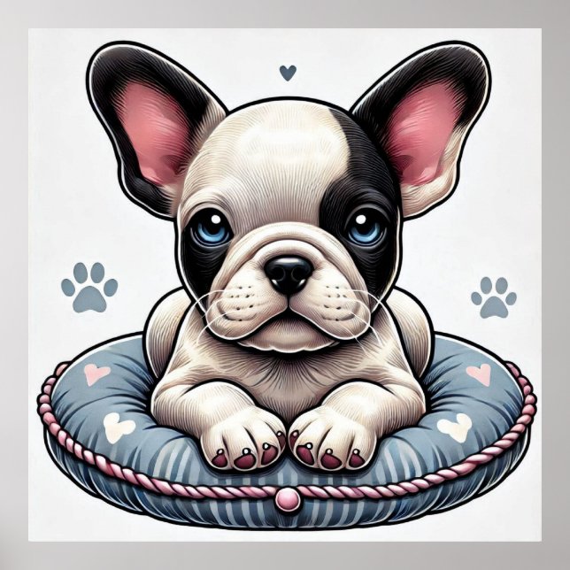 French Bulldog on a Heart-Themed Cushion Poster (Front)