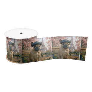 French Bulldog On a Paris Park Bench Satin Ribbon