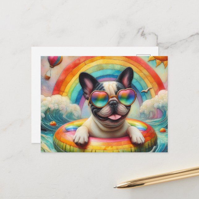 French Bulldog on a Rainbow Color Float Postcard (Front/Back In Situ)
