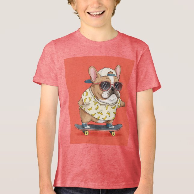  French Bulldog on a Skateboard, by Natasha Us   Tri-Blend Shirt (Front)
