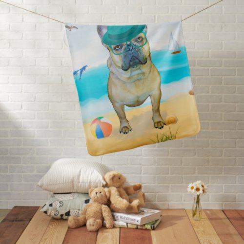 French Bulldog on Beach  Baby Blanket