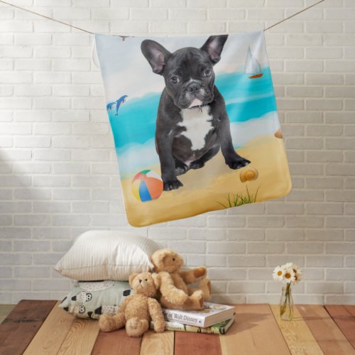 French Bulldog on Beach Baby Blanket